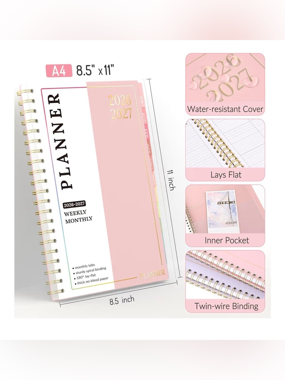 Undated 2026-2027 Pink Weekly Monthly Planner with Inner Pocket